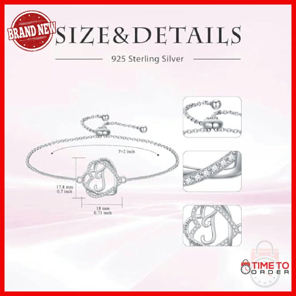 Sterling Silver Double Heart Initial Bracelet Adj… - image 7